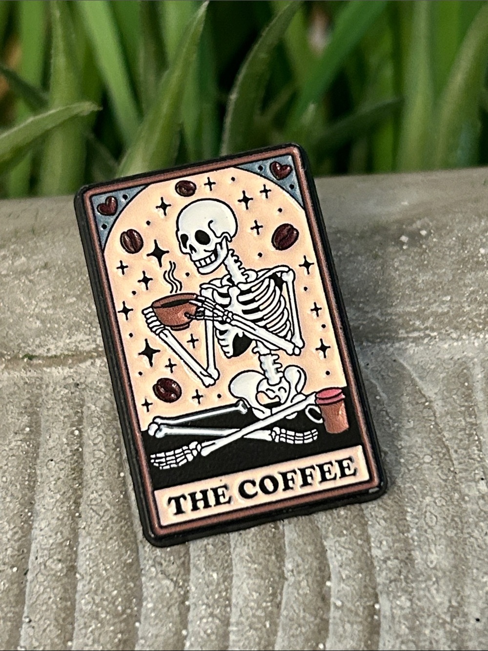Skeleton drinking Coffee Enamel Pin NEW tarot card